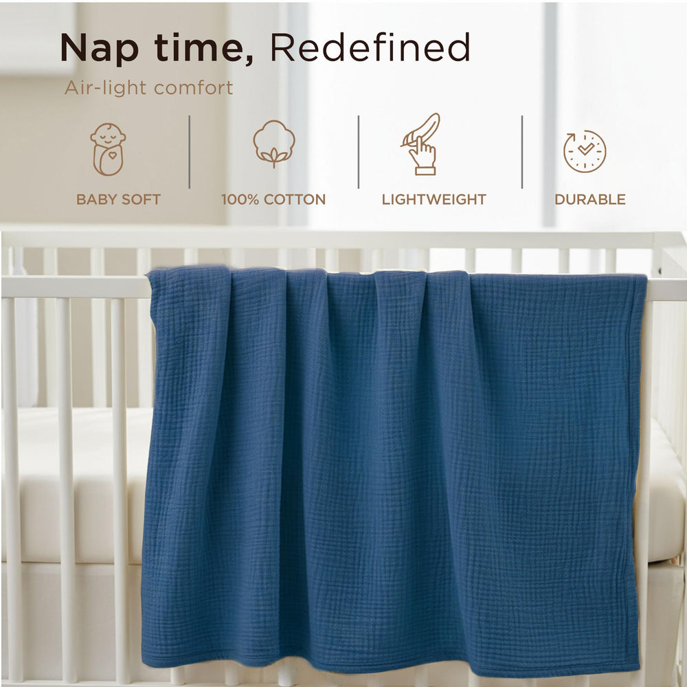 Threadmill Muslin Blanket neutral nursery-ready design complements any decor.
