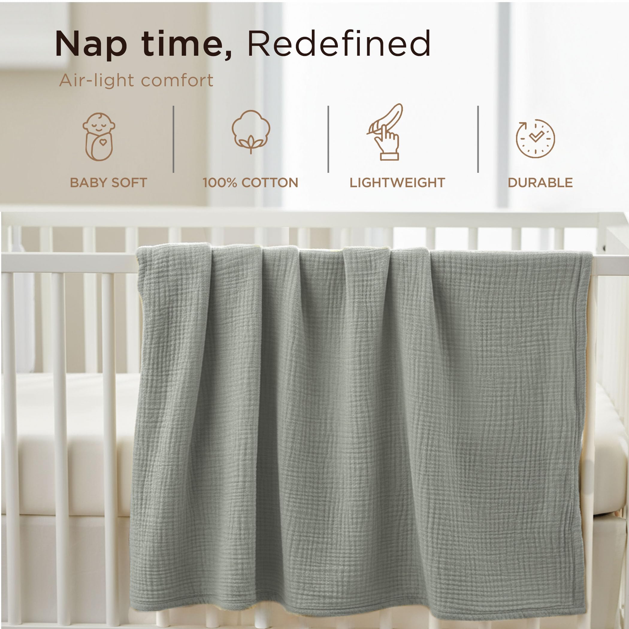 Threadmill Muslin blanket on a nursery backdrop highlights timeless neutral style.