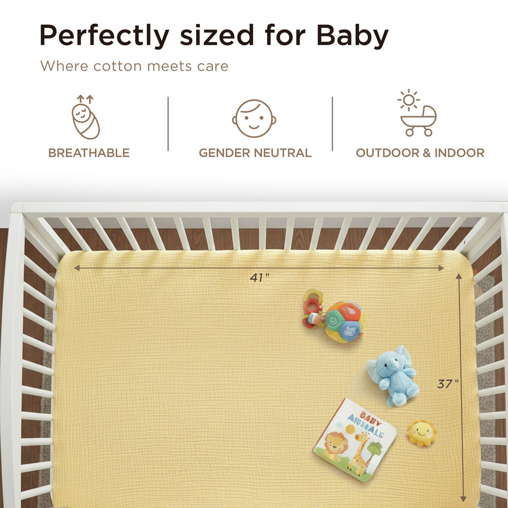 Threadmill Muslin Blanket neutral beige tone fits any nursery while doubling as a stroller shade.