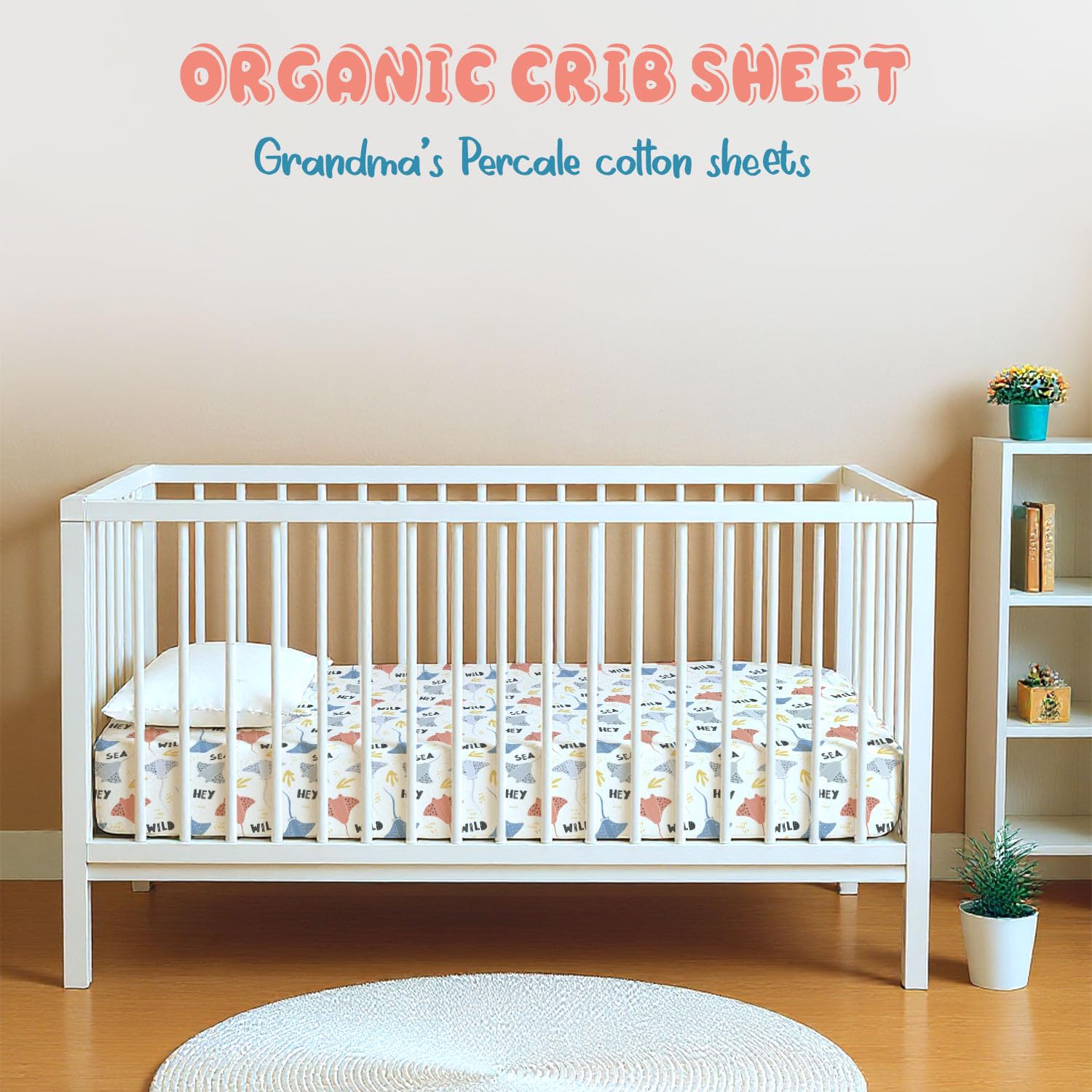 Threadmill Rays crib sheet on crib mattress demonstrates secure fit with an 8-inch pocket.