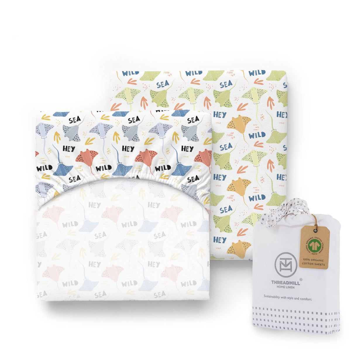 Threadmill Rays crib sheet close-up shows soft organic cotton for gentle sleep.