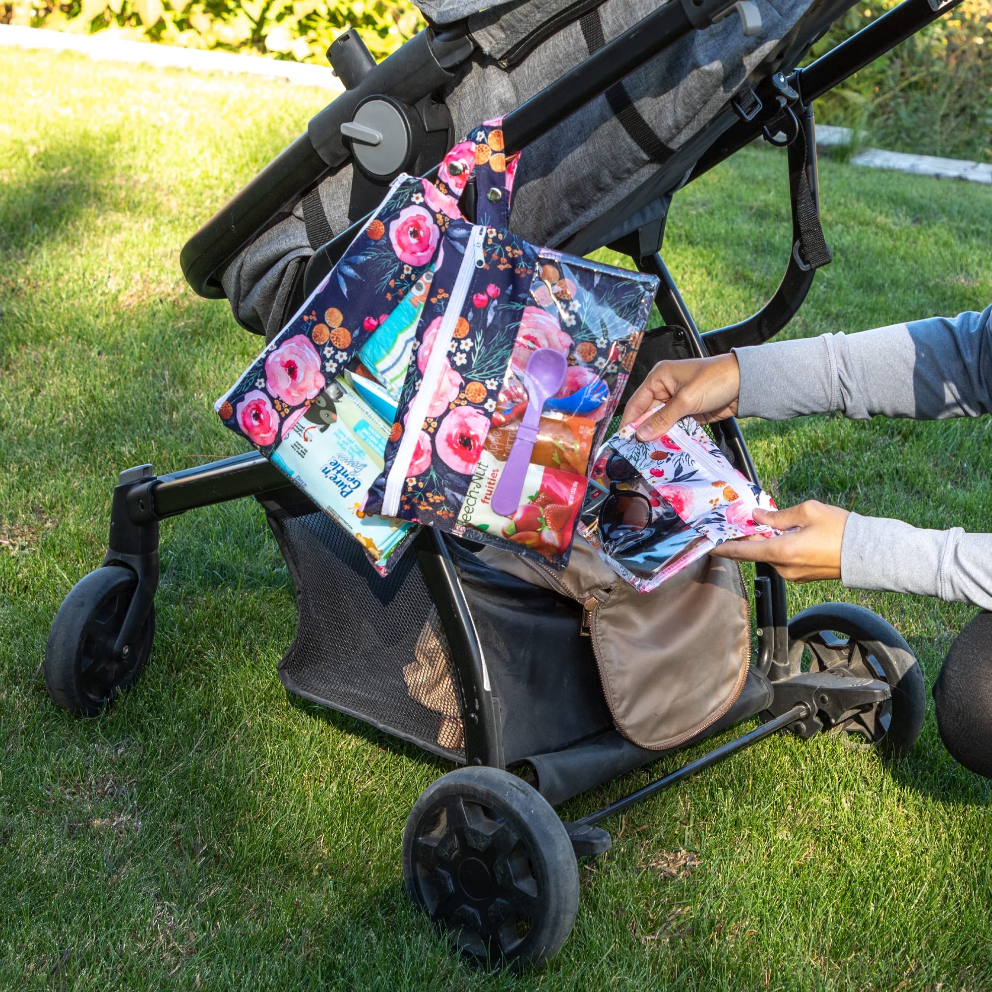 Three Sweet Peas Co handle attachment pouch with stroller strap for hands-free use