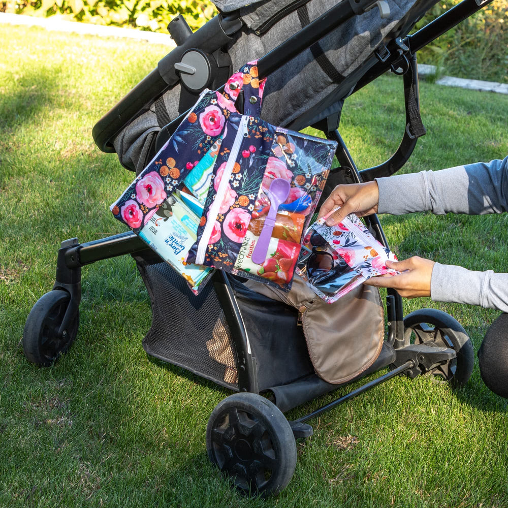 Three Sweet Peas Co handle attachment pouch with stroller strap for hands-free use