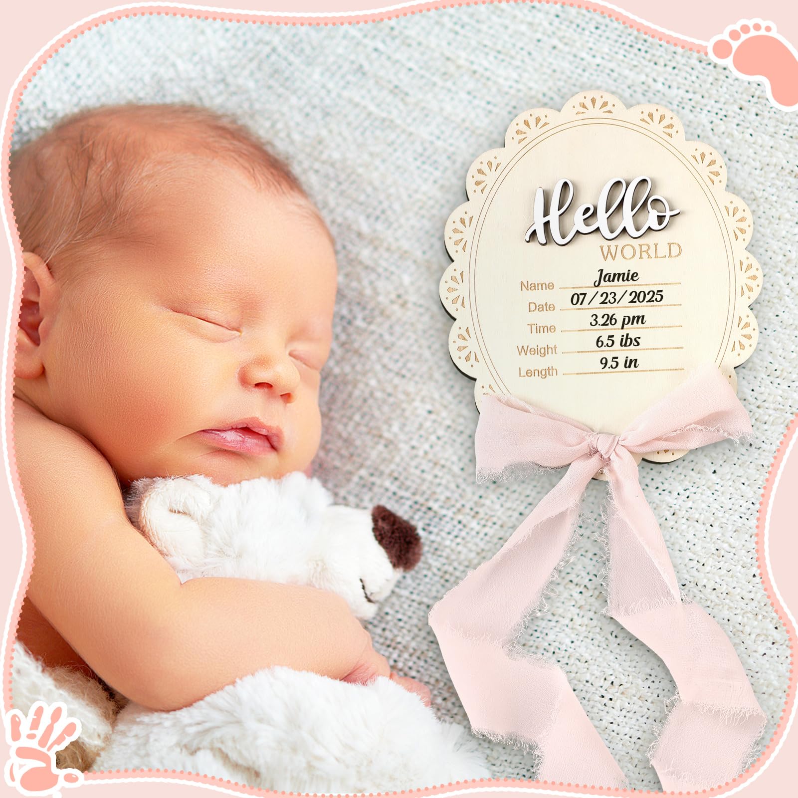 Threehoney Baby Announcement Sign with pink bow ribbon accent.