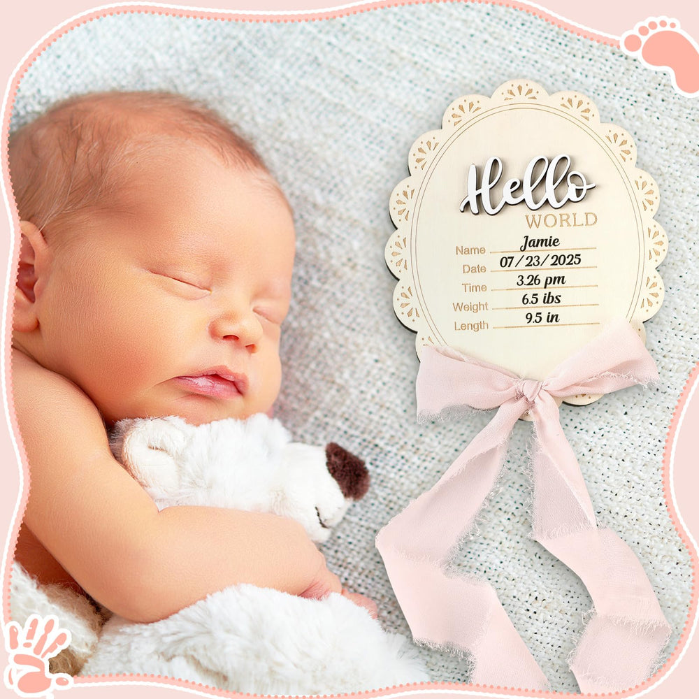 Threehoney Baby Announcement Sign with pink bow ribbon accent.