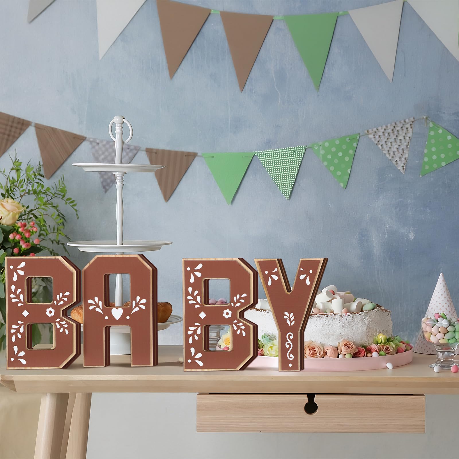 Threehoney Cielito Lindo baby shower decor letters on a shelf