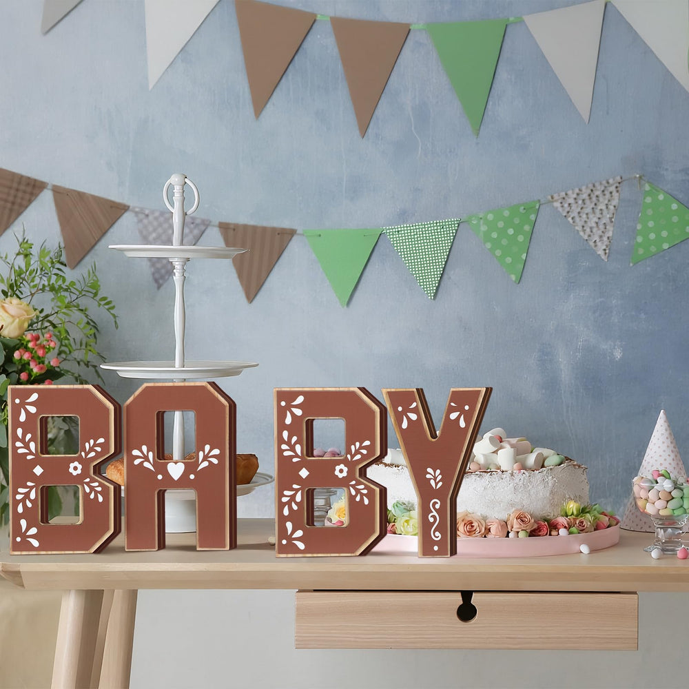 Threehoney Cielito Lindo baby shower decor letters on a shelf