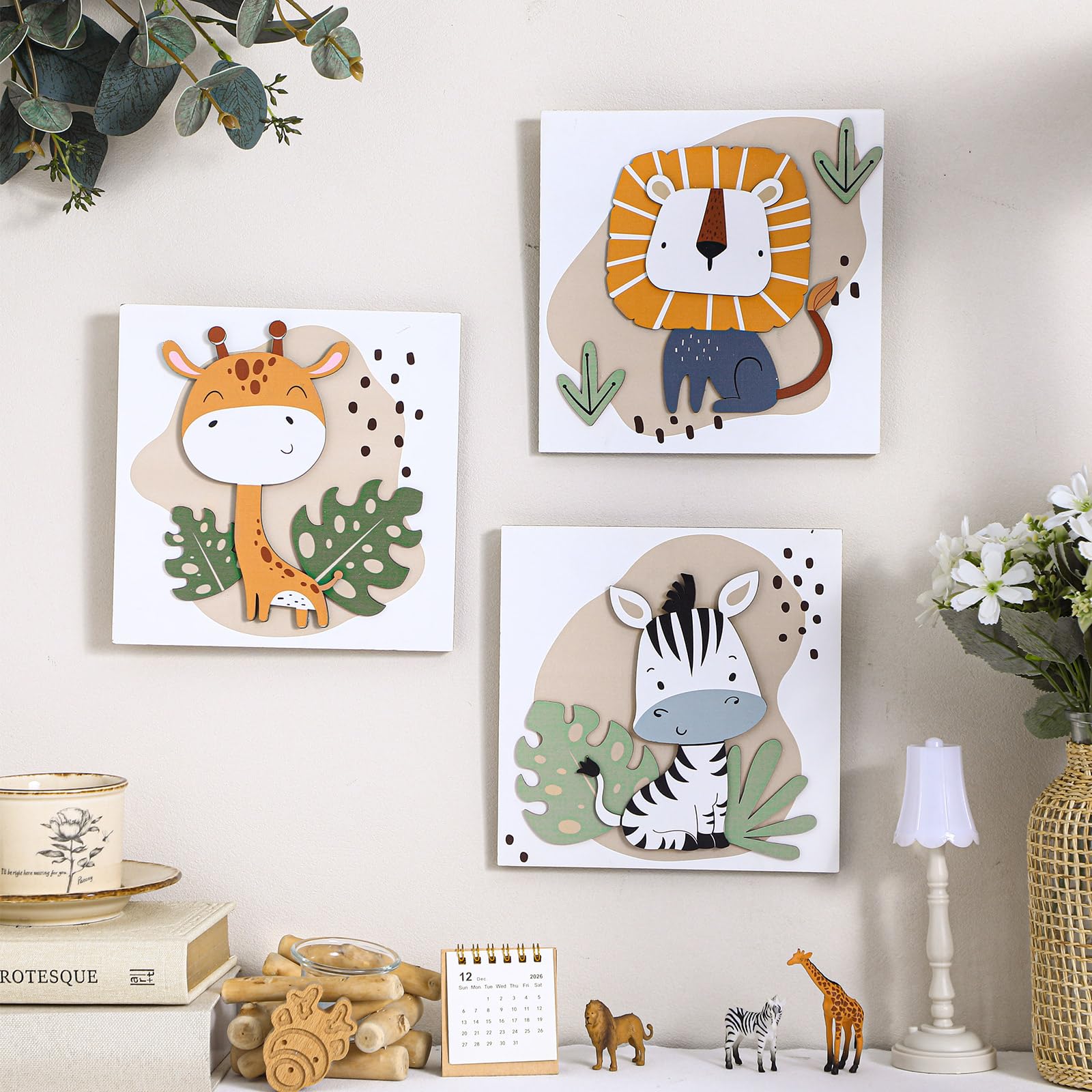 Threehoney safari wall decor scene with wooden finish enhances room vibe.