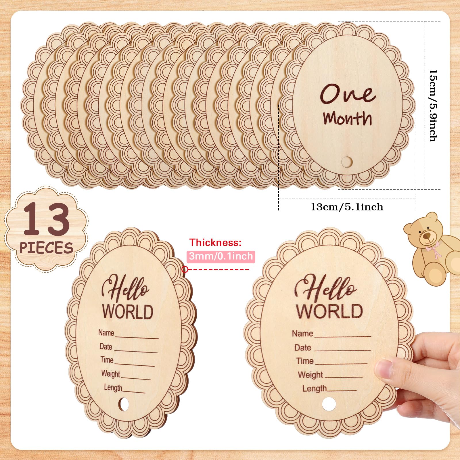 Closeup of Threehoney wooden milestone cards highlighting smooth wood texture.