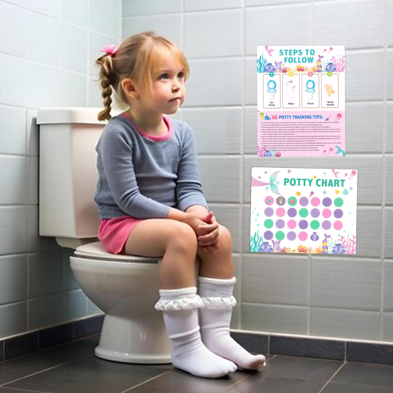 Threetols Mermaid potty chart made with durable waterproof paper