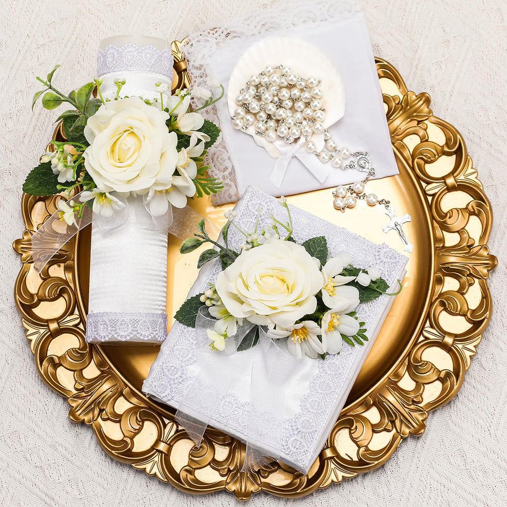 Threlaco baptism candle with flower, serene centerpiece for christening ceremonies.