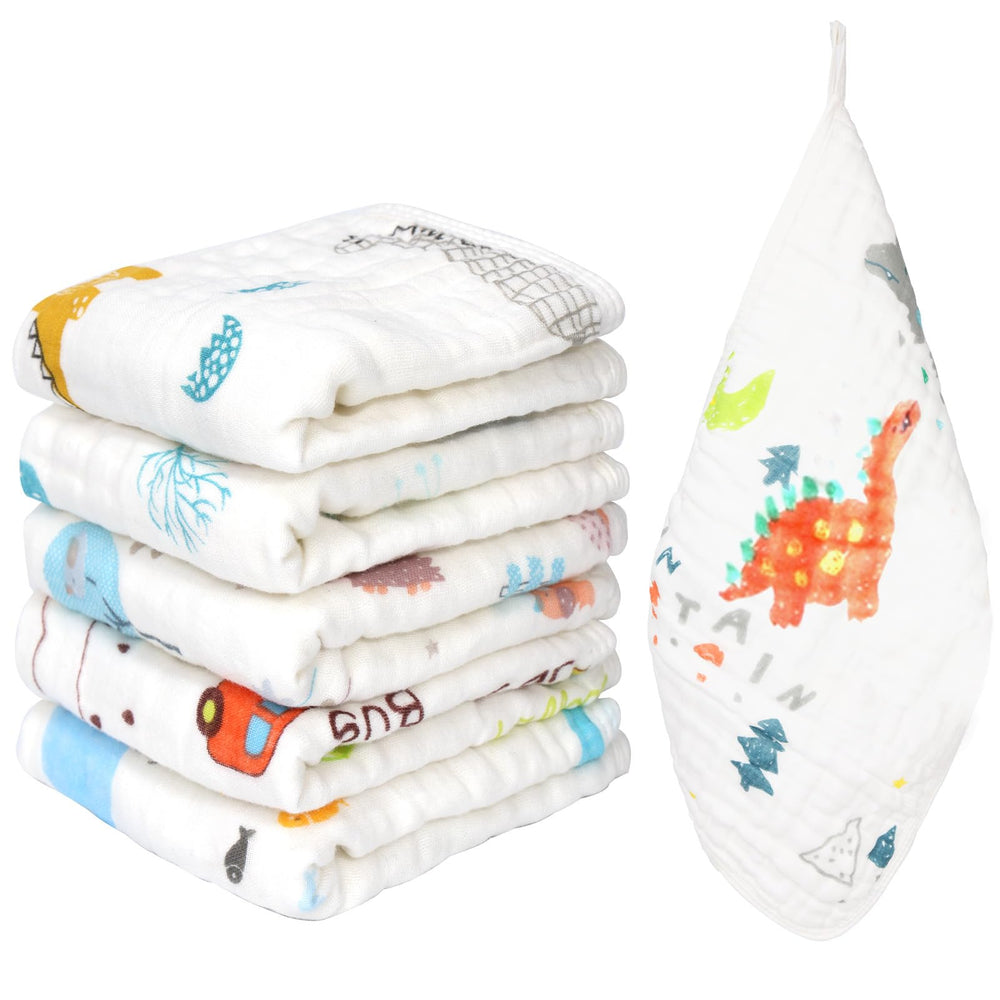 THSAM Muslin Burp Cloths with a dinosaur pattern offer gentle comfort and high absorbency for messes.