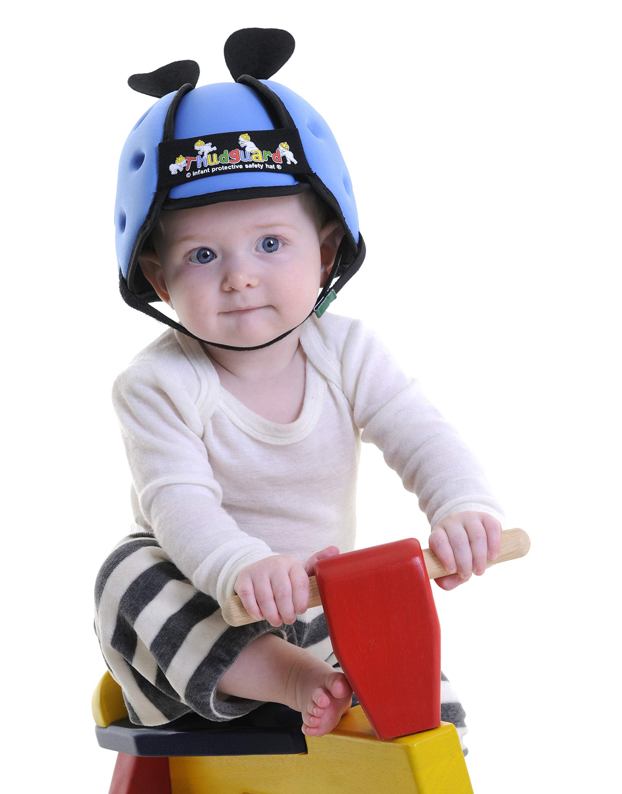 Thudguard blue infant hat back view shows ventilation holes.