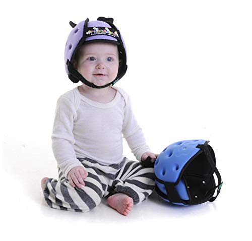 Thudguard blue infant hat on child during carpeted room.