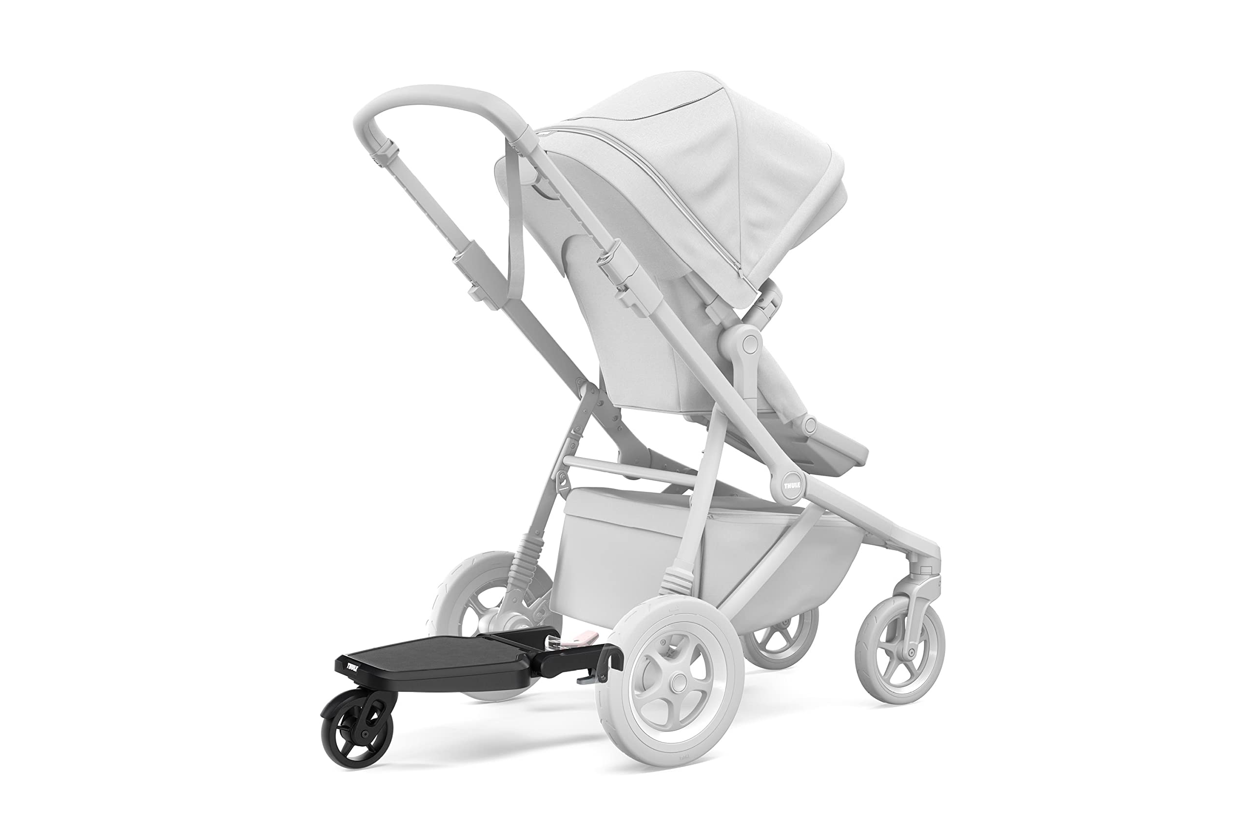 Thule Stroller Rider Board in use with an older sibling beside the parent.