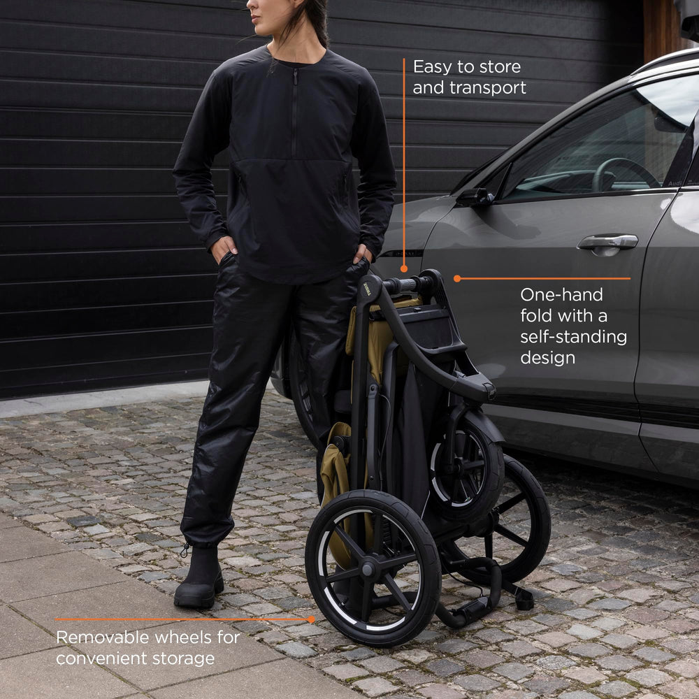 Thule Urban Glide 3 compact fold self-stands for easy transport.