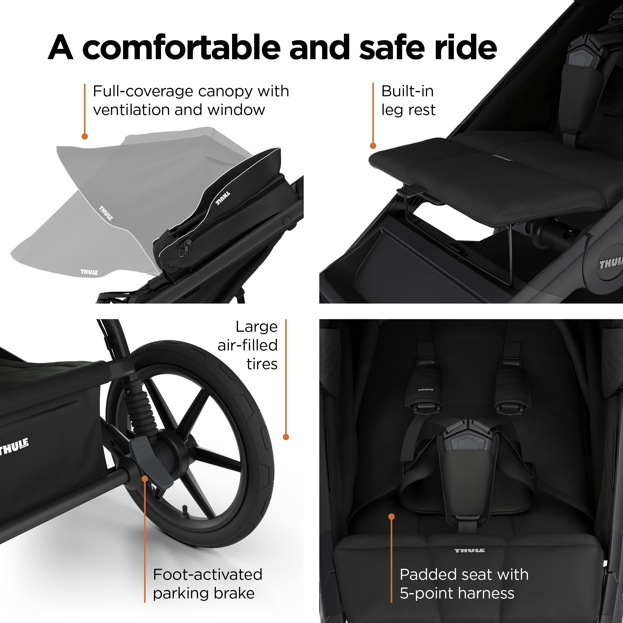 Thule Urban Glide 4-Wheel full-coverage canopy protects from sun.