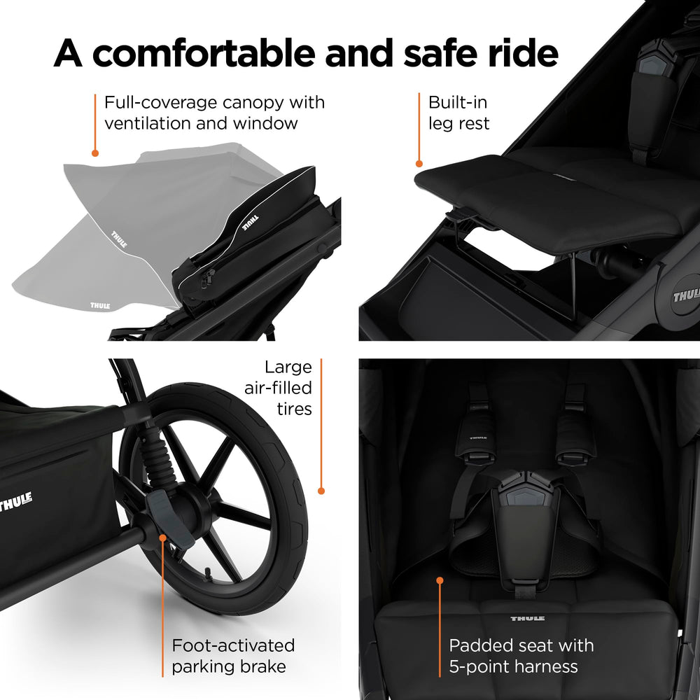 Thule Urban Glide 4-Wheel full-coverage canopy protects from sun.