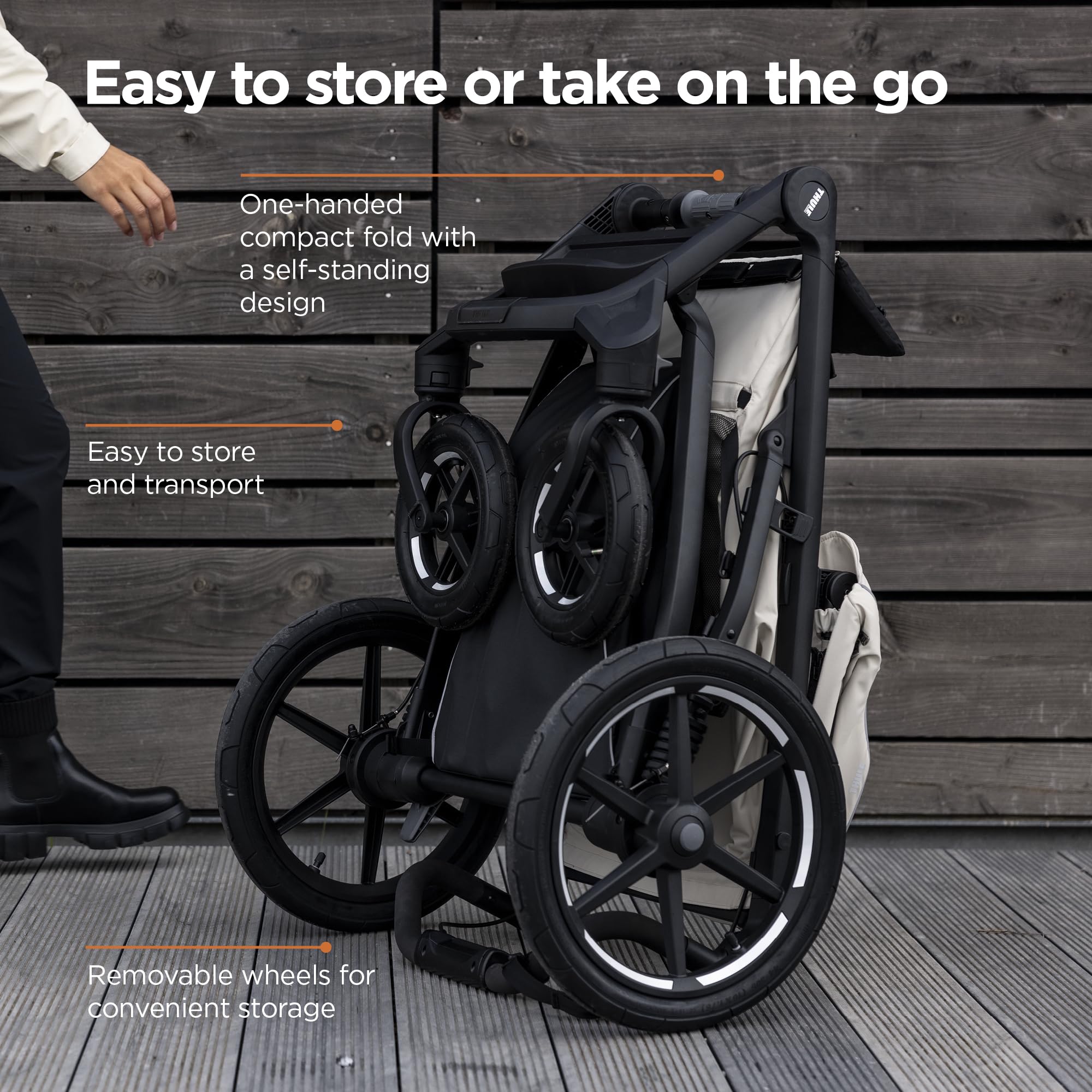 Thule Urban Glide 4-Wheel large storage basket keeps essentials handy.