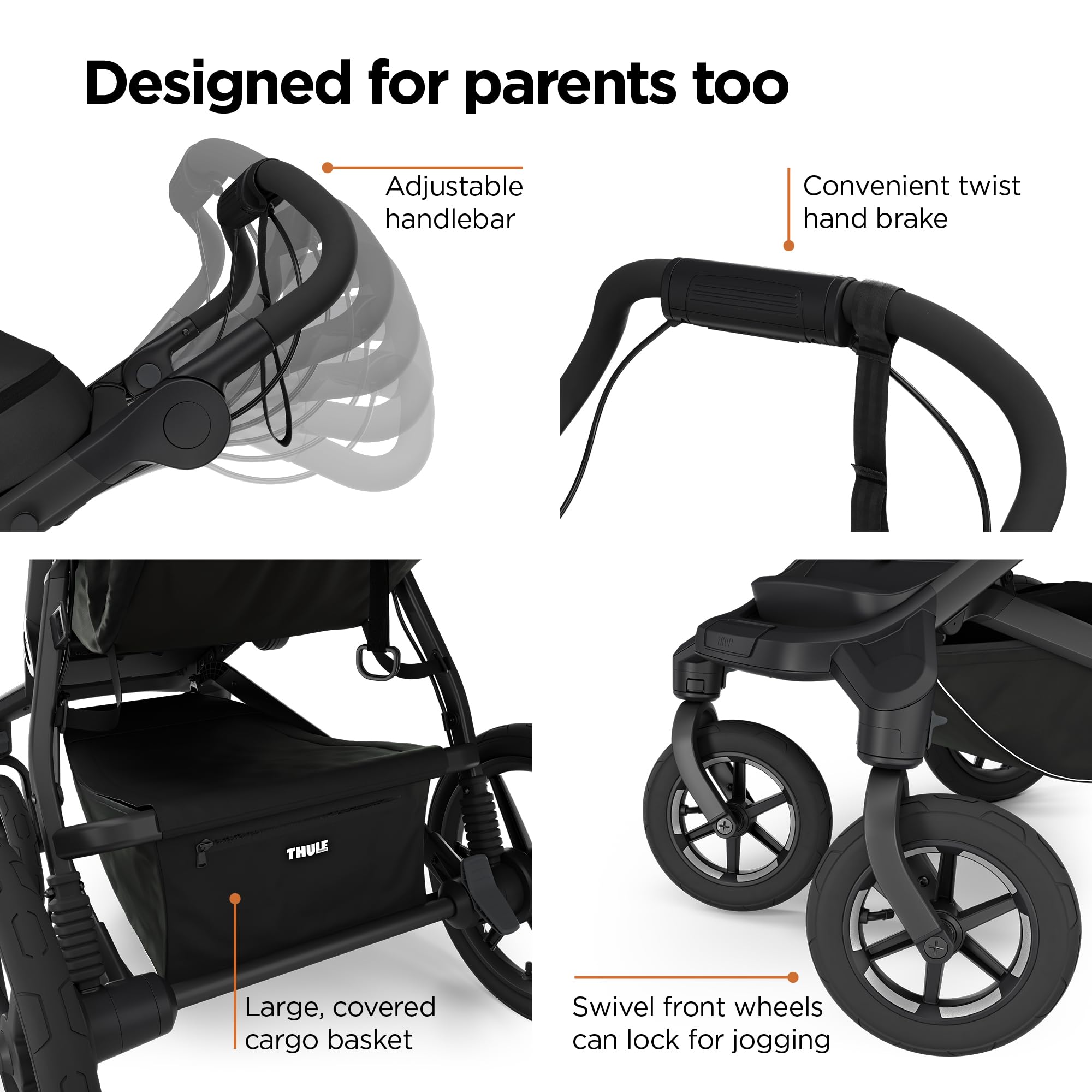 Thule Urban Glide 4-Wheel near-flat reclining seat for comfort.