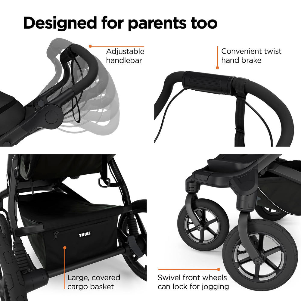 Thule Urban Glide 4-Wheel near-flat reclining seat for comfort.
