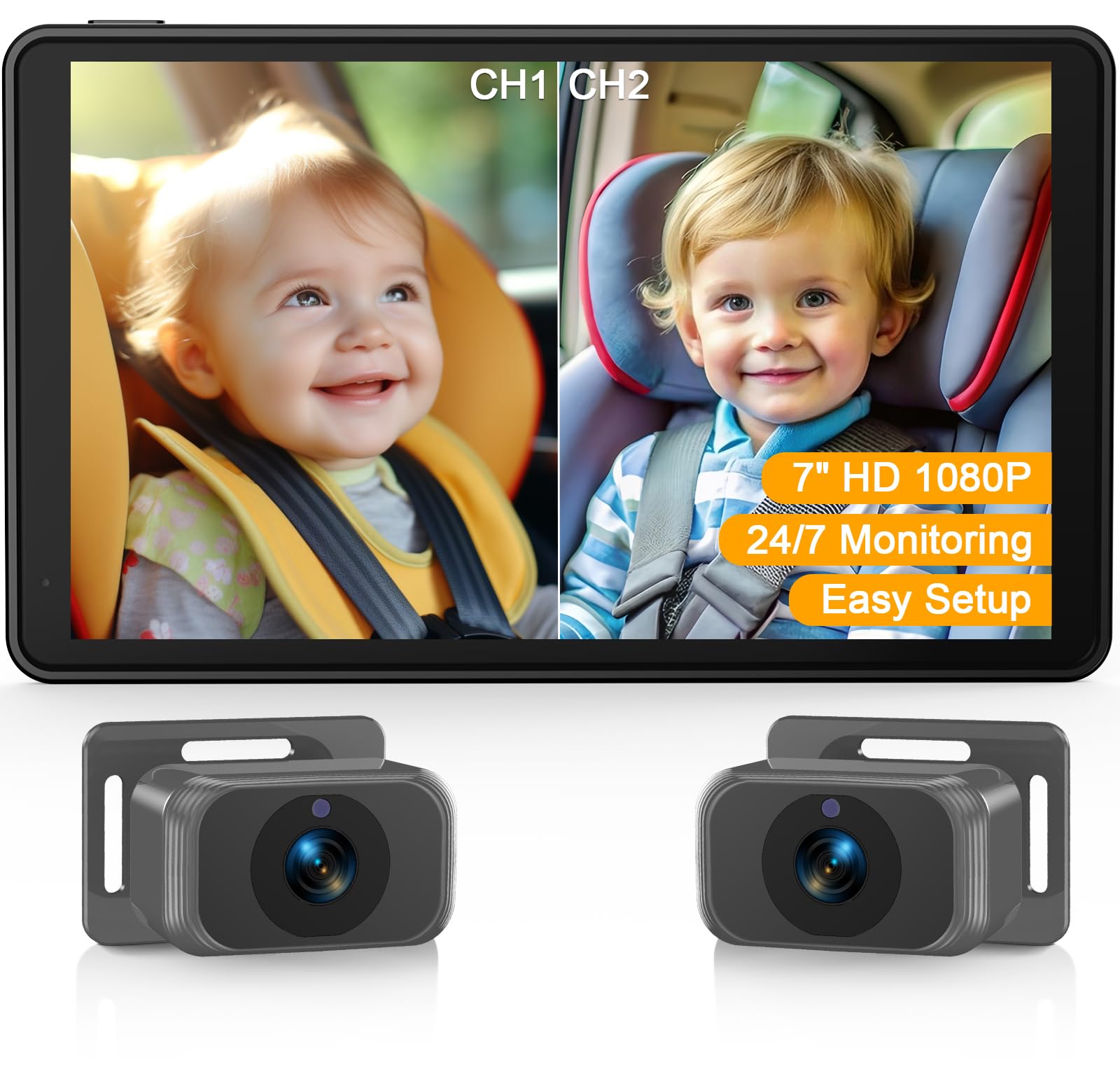 Thybro baby car camera with 7-inch display for dual-view monitoring.