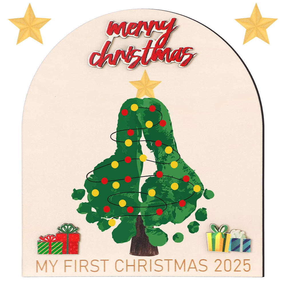 Thyle Baby first Christmas footprint ornament on wood, a timeless keepsake