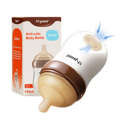 Thyseed glass anti-colic bottle base vent promotes smooth milk flow.
