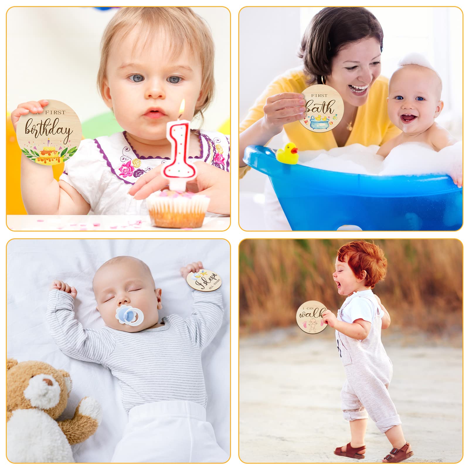 Tiamon compact four-by-four wooden discs, sturdy keepsake for a growing baby's photo albums.