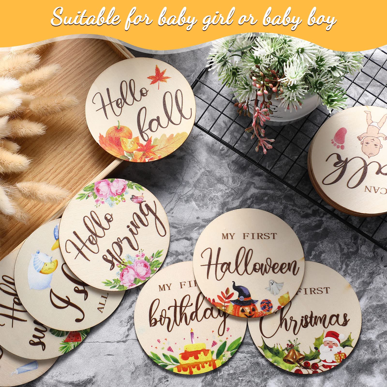 Tiamon monthly milestones with watercolor patterns, bright colors enhance baby shower décor.