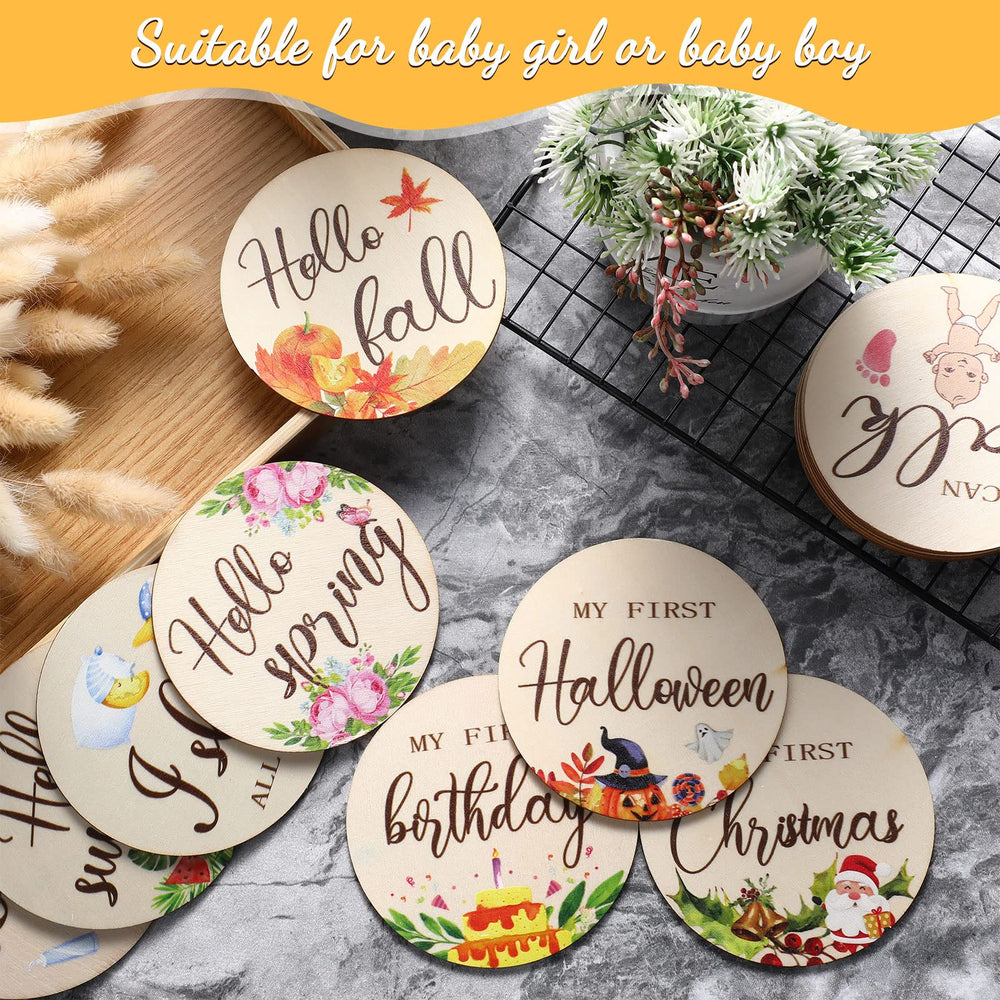 Tiamon monthly milestones with watercolor patterns, bright colors enhance baby shower décor.