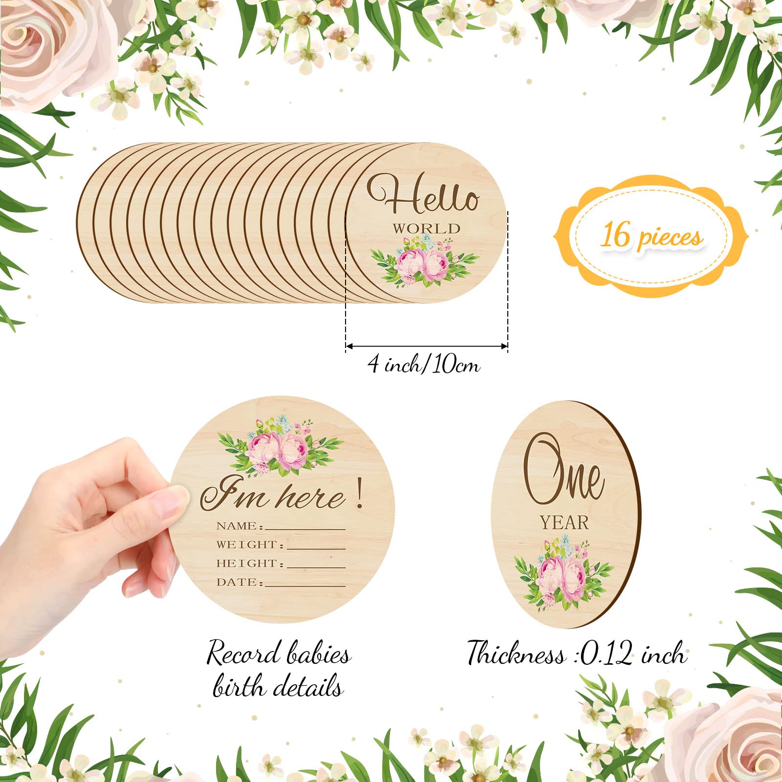 Tiamon wooden milestone discs with floral patterns, perfect for baby photos and keepsake albums.