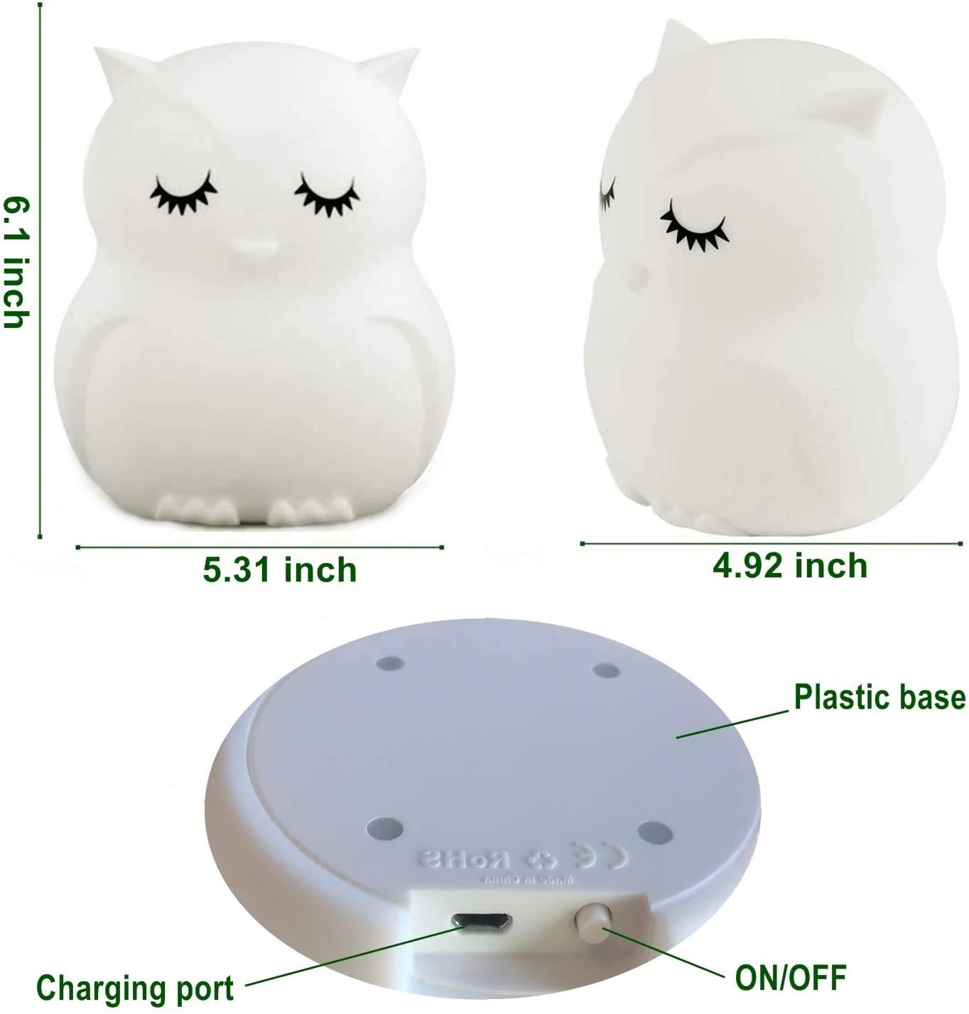 Tianhaixing big owl night light illuminated, showcasing warm white and color modes.
