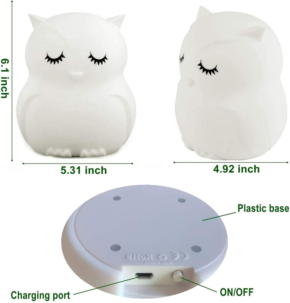 Tianhaixing big owl night light illuminated, showcasing warm white and color modes.
