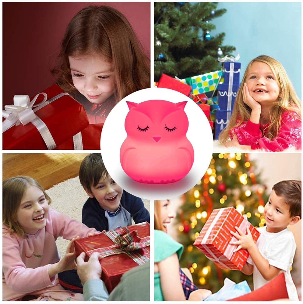 Tianhaixing big owl night light side view showing cozy glow and touch control.