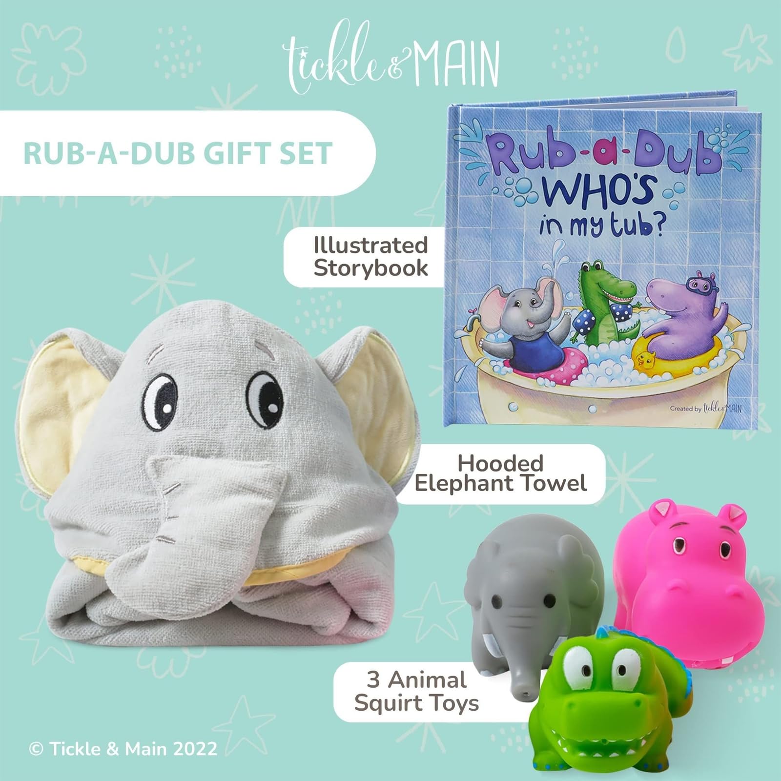 Tickle & Main elephant hooded towel full-body view for secure post-bath wrap