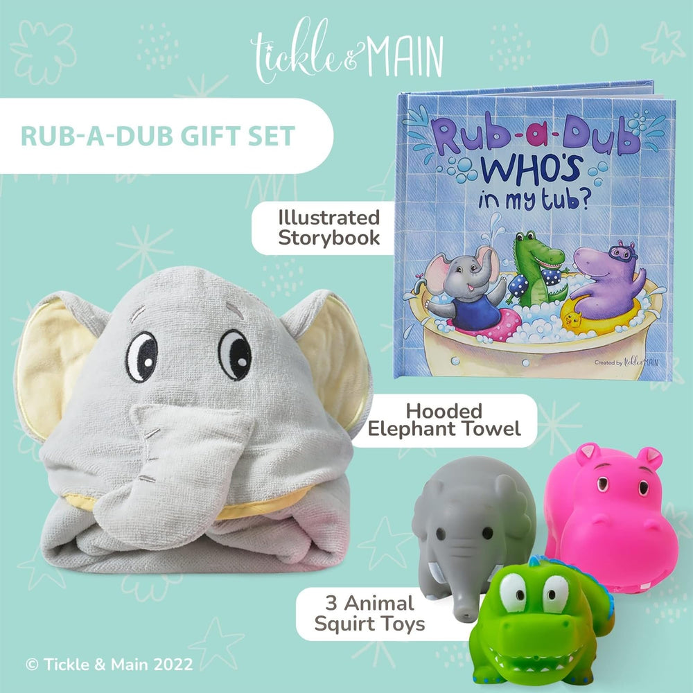 Tickle & Main elephant hooded towel full-body view for secure post-bath wrap