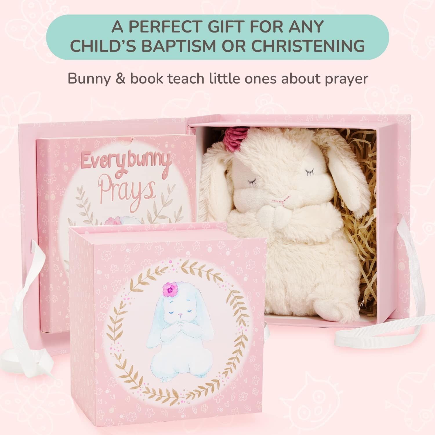 Tickle & Main Everybunny Prays pink gift box enhances baptism gift presentation.