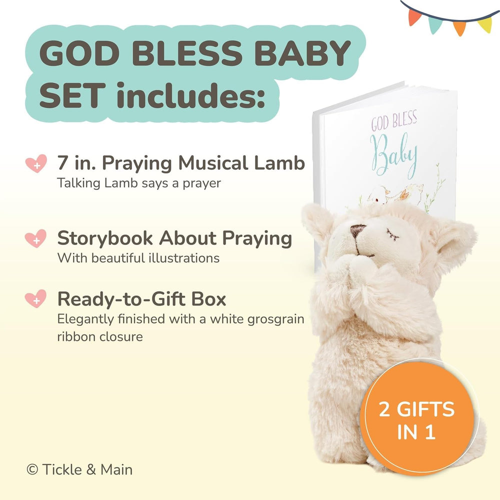Tickle & Main interactive prayer lamb shown for soothing baby moments.
