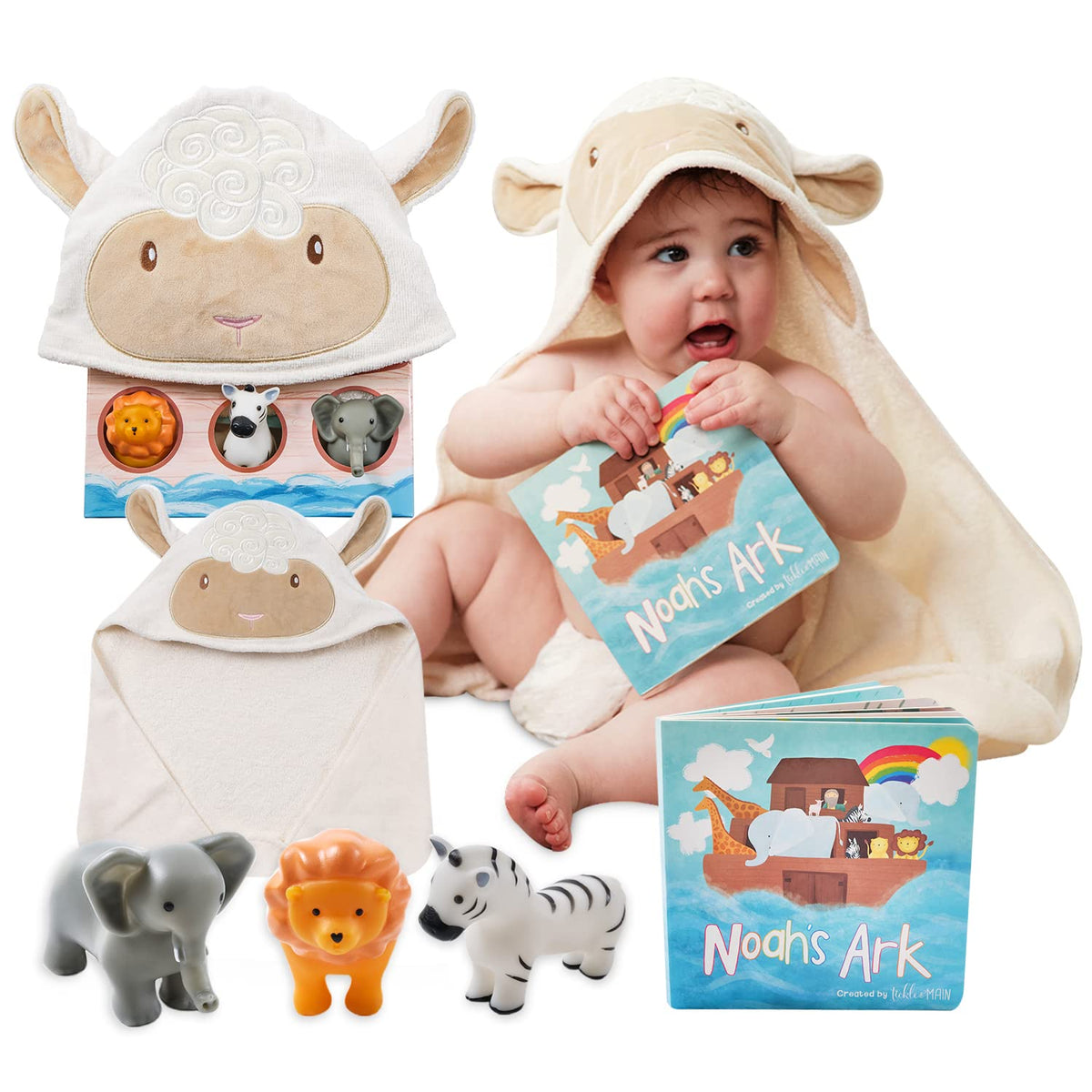 Tickle & Main Noah’s Ark hooded towel with a lamb design for cozy bath time.
