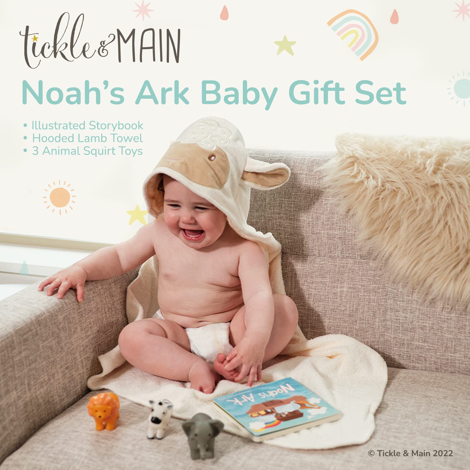 Tickle & Main Noah’s Ark storybook shown beside bath toys for storytelling.