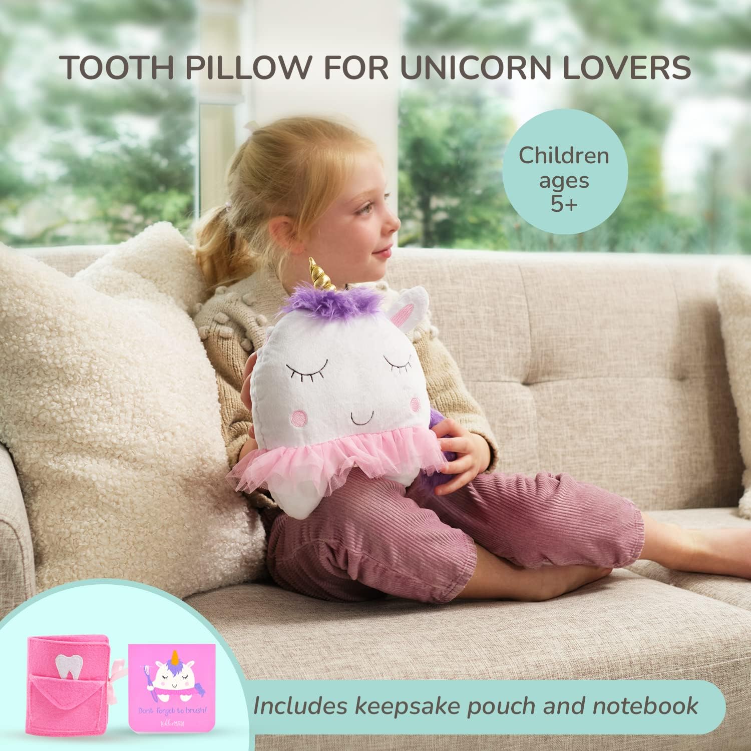 Tickle and Main unicorn tooth fairy pillow fabric close-up highlighting plush texture