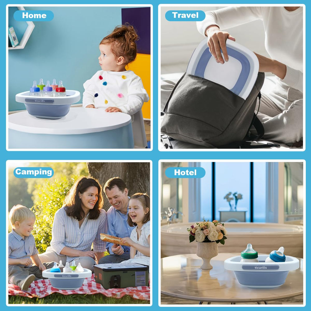Ticurills travel-friendly wash basin fits in a diaper bag.