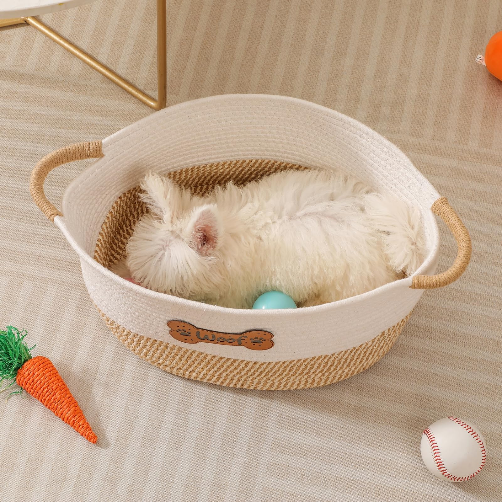 Tidelit toy basket shows bone patches for a playful touch.