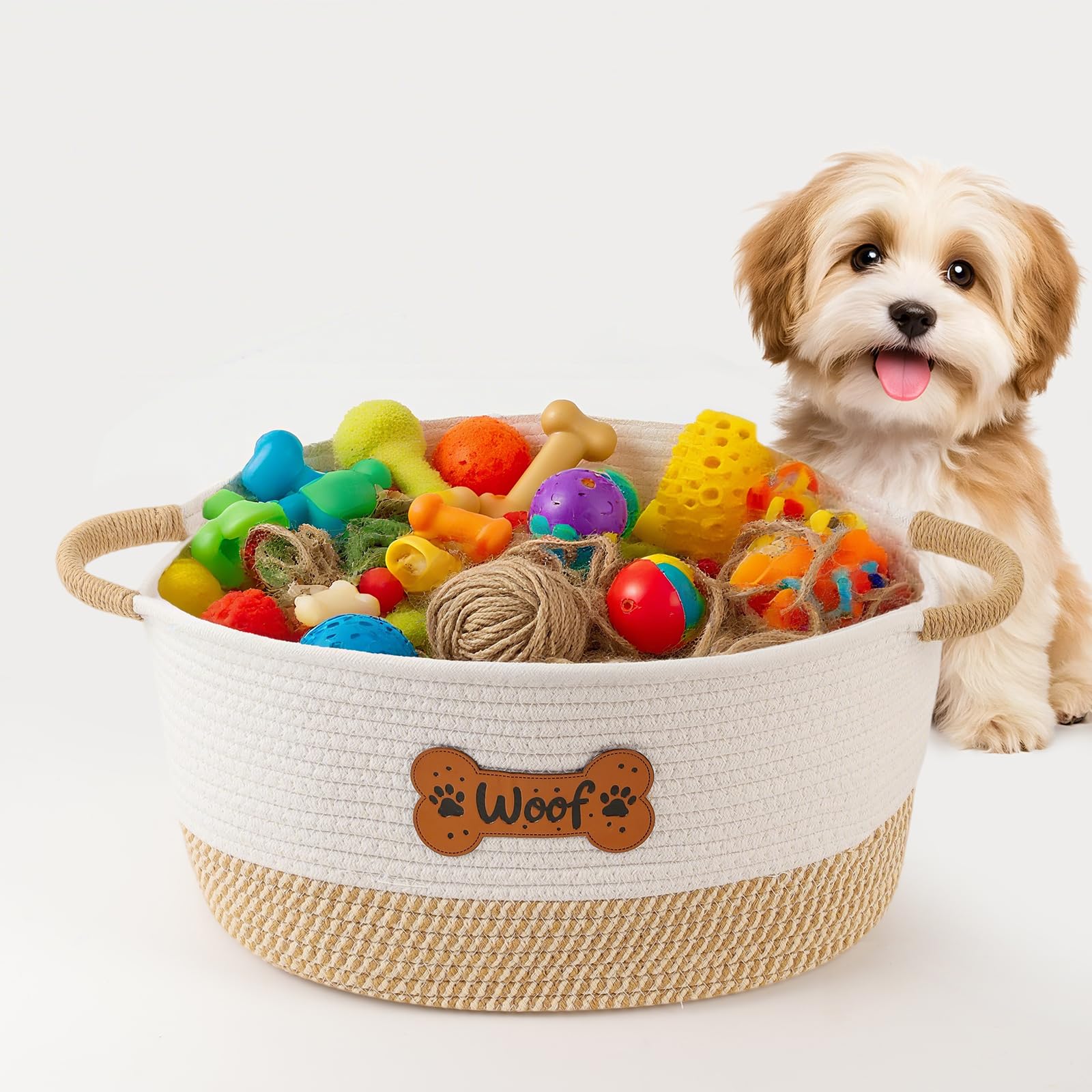 Tidelit dog toy basket with woven cotton rope texture for durable toy storage.