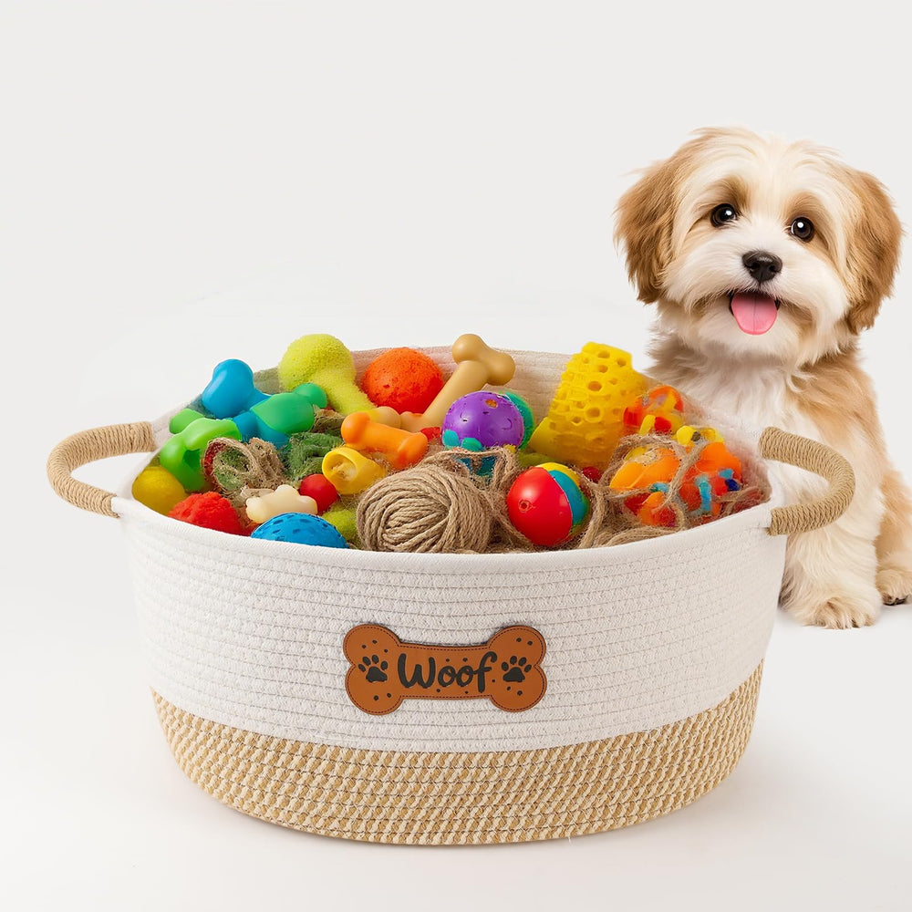 Tidelit dog toy basket with woven cotton rope texture for durable toy storage.