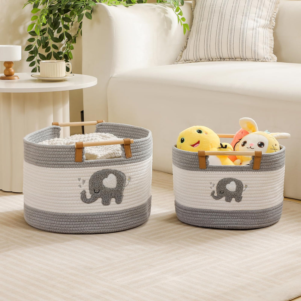 Tidelit soft gray basket featuring 3D elephant embroidery
