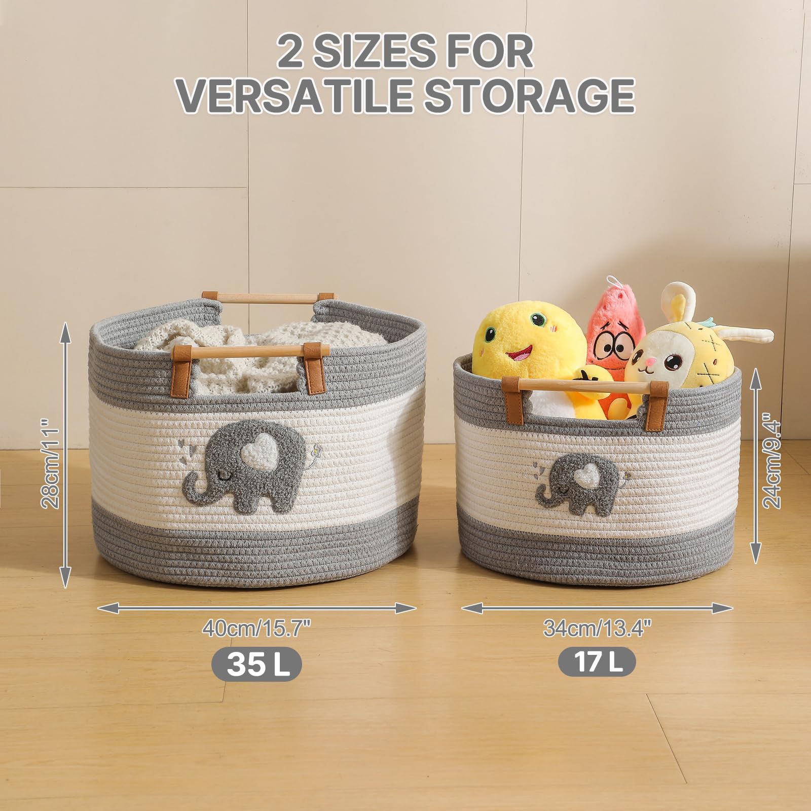 Tidelit gray blanket basket keeps towels neatly stored in nursery