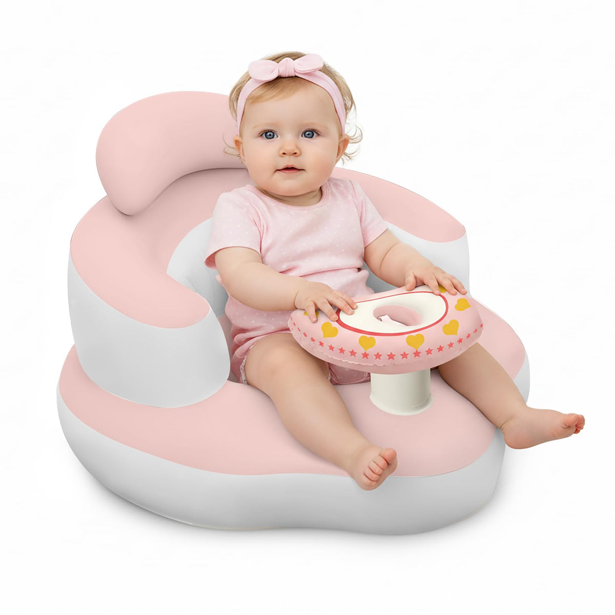 TIDNNS inflatable baby seat in pink cloud design for easy on the go setup and use