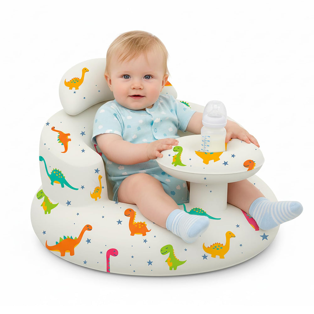 TIDNNS inflatable baby seat with tray and built-in pump for quick setup and feeding.